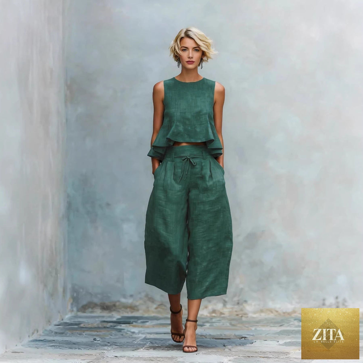 Women’s linen-blend sleeveless two-piece casualwear set with ruffled detailing by Zita La Belle Elite, shown on a model.