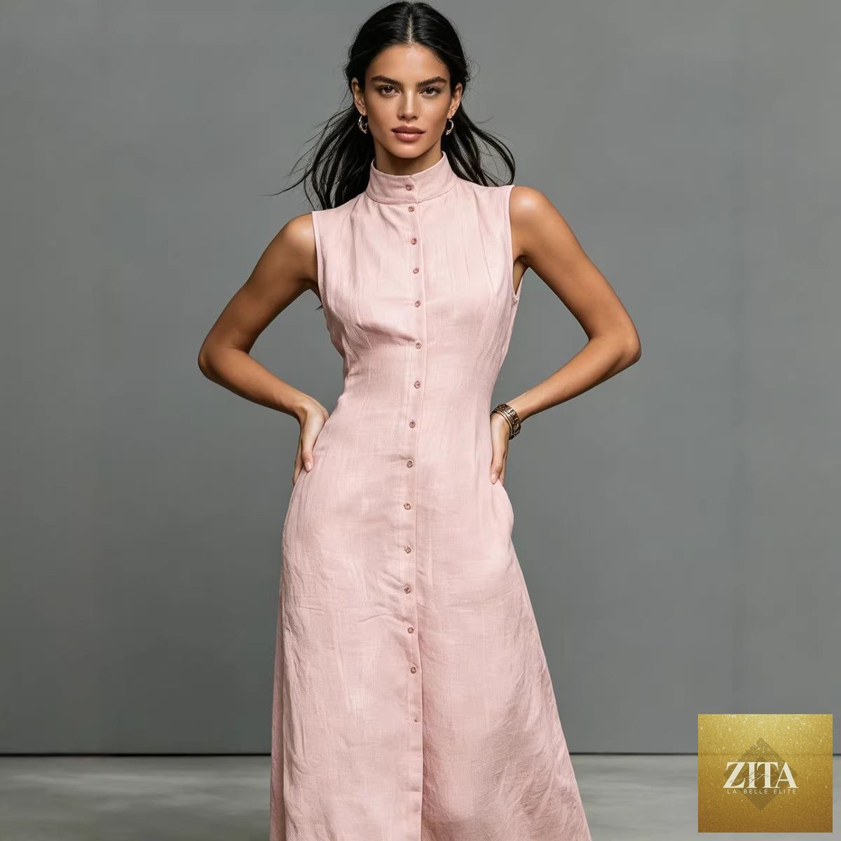 Women's sleeveless midi dress with stand collar and single-breasted design by Zita La Belle Elite, perfect for casual wear.