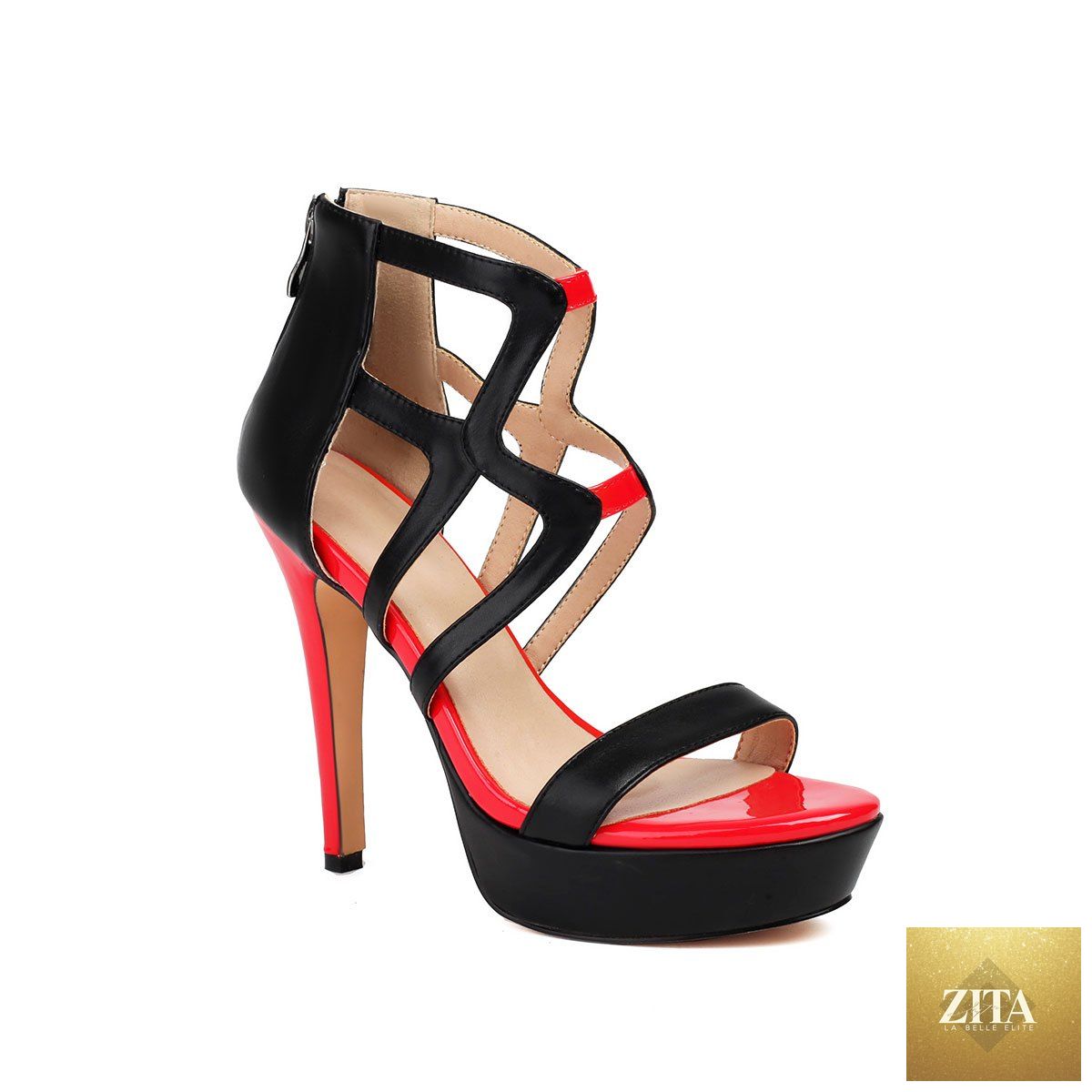 Black and red women’s platform heels with bold strappy design, trendy and stylish for fashionable occasions.