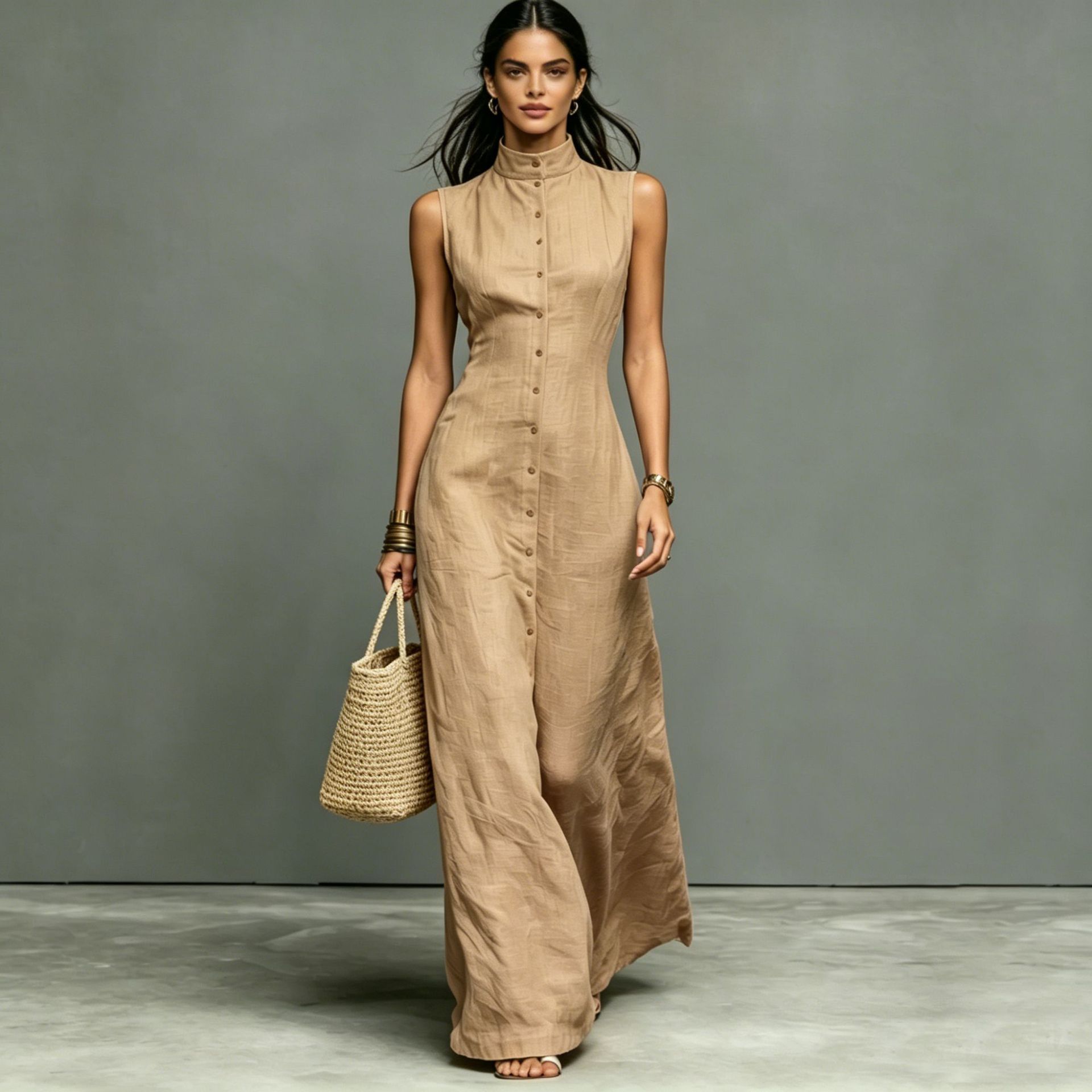 Women's sleeveless midi dress with stand collar and single-breasted design by FitiqueFit, perfect for casual wear.