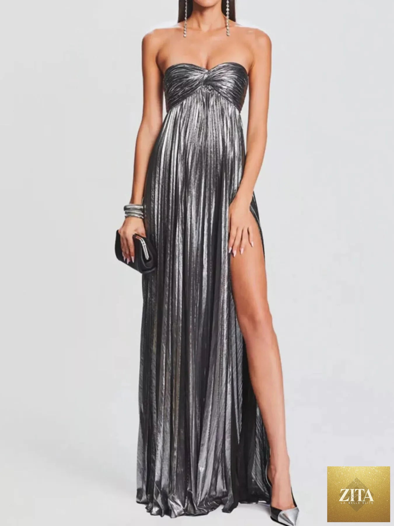 Split sweetheart neckline maxi dress by Shopiebay featuring a tube style, elegant design, and flowing fabric for formal or casual wear.