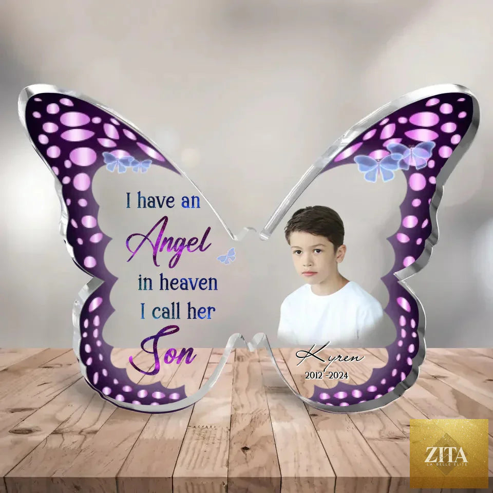 Personalized memorial butterfly acrylic plaque with photo of angel son, featuring heartfelt message, from CusGifts.