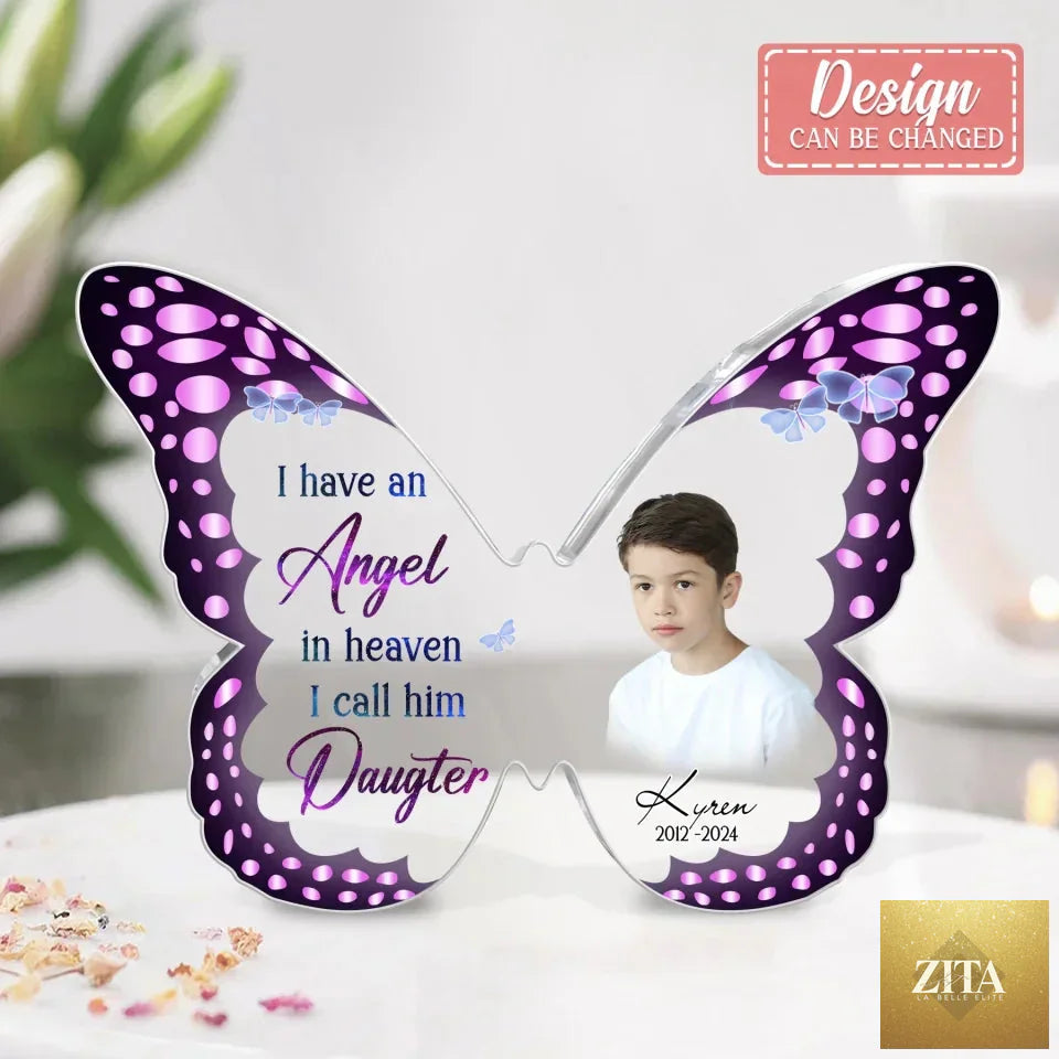 Personalized memorial butterfly acrylic plaque with a photo, honoring a son in heaven, featuring engraved angel and heartfelt message.