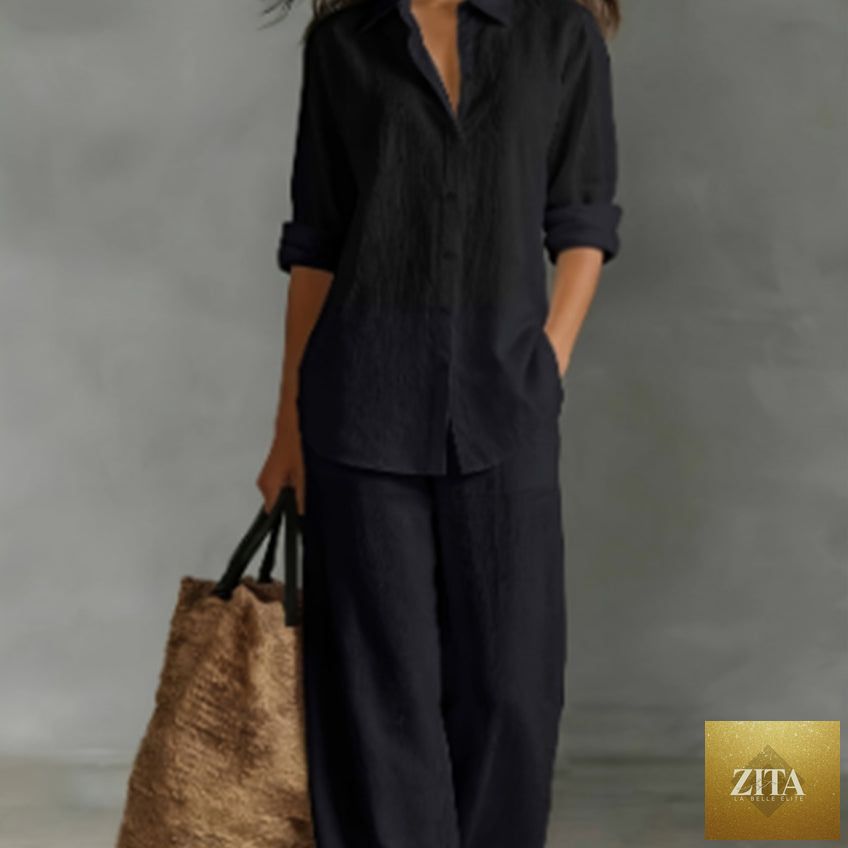 Zita La Belle Elite women's polyester two-piece suit set with blazer and matching pants, casualwear fashion on a model.