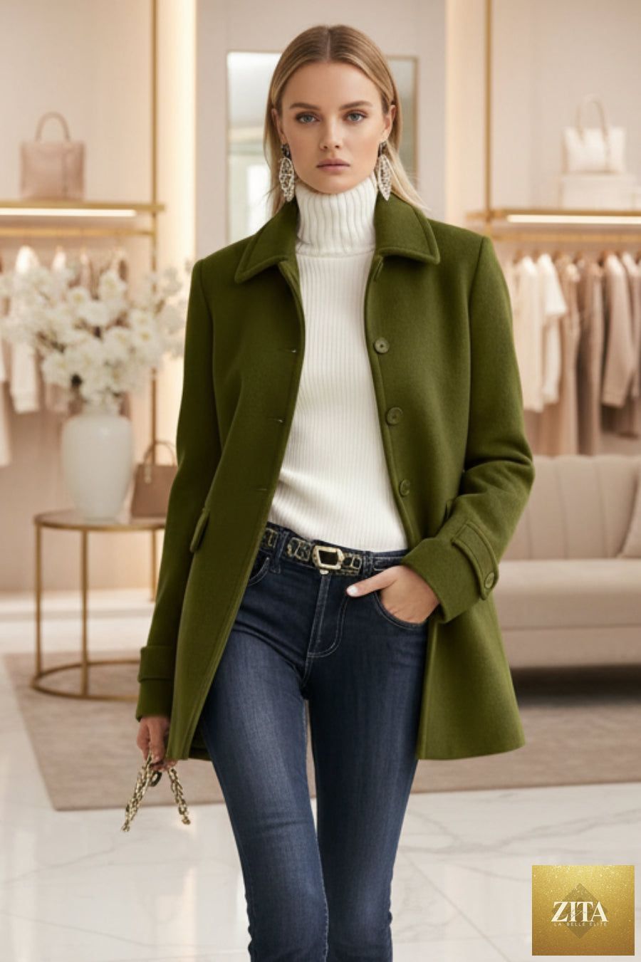 Mid-Length Lapel Wool-Blend Coat