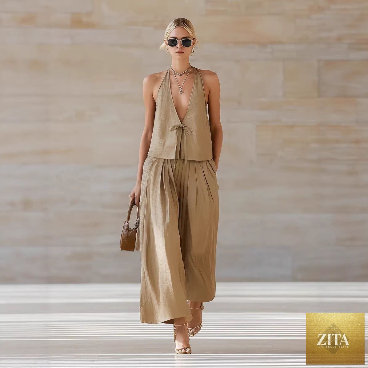 Zita La Belle Elite women's sleeveless vest and wide-leg pants casualwear set with lace-up details, stylish 2-piece outfit.