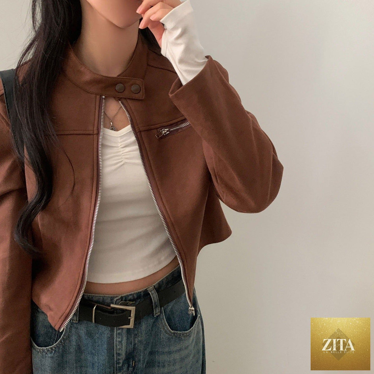 High waist suede motorcycle-style short jacket from LadyShow.Store, featuring a fitted design and classic lapel collar.