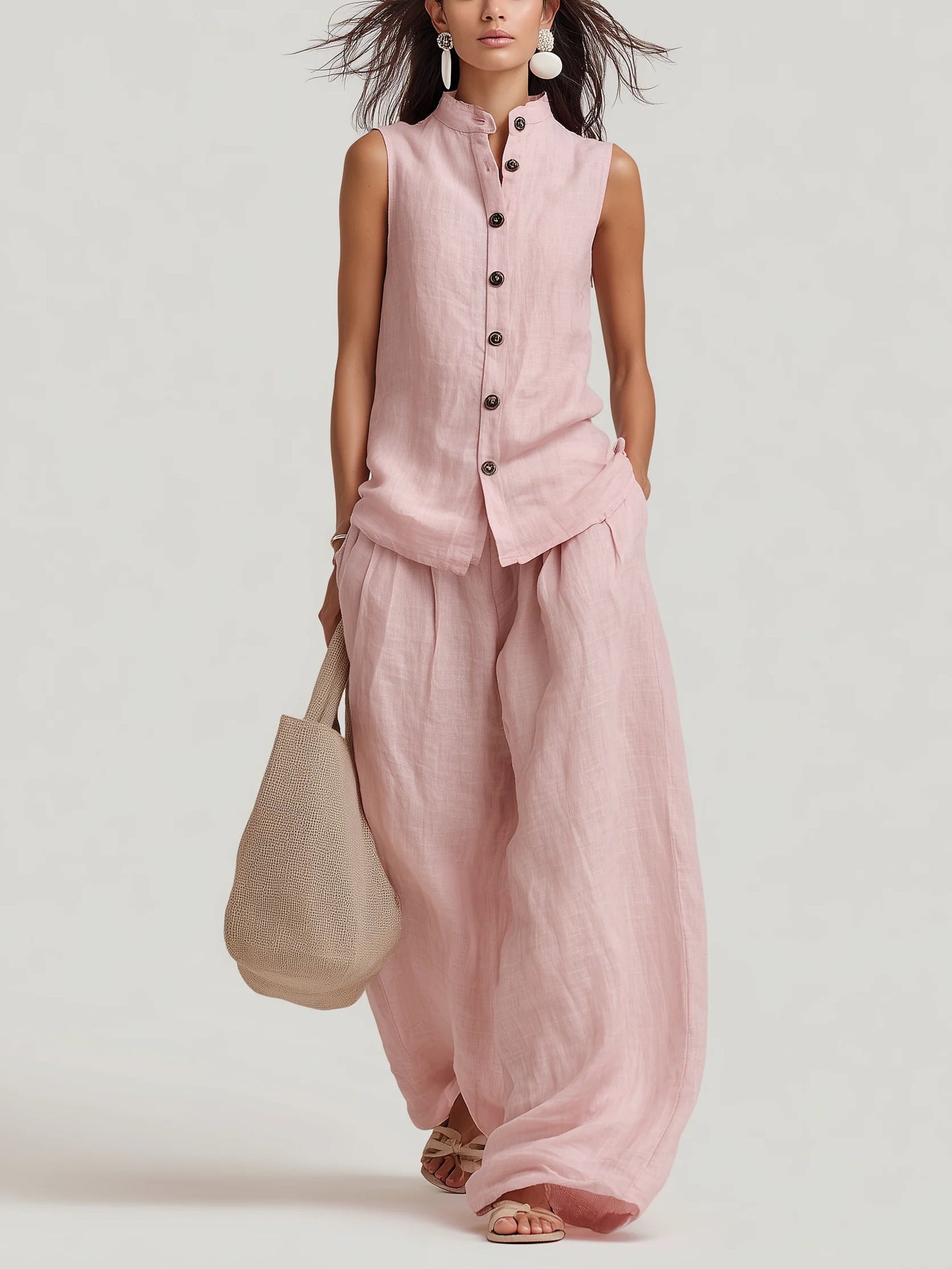 Women's Cotton-Linen Sleeveless Crewneck Vest & Pants Set