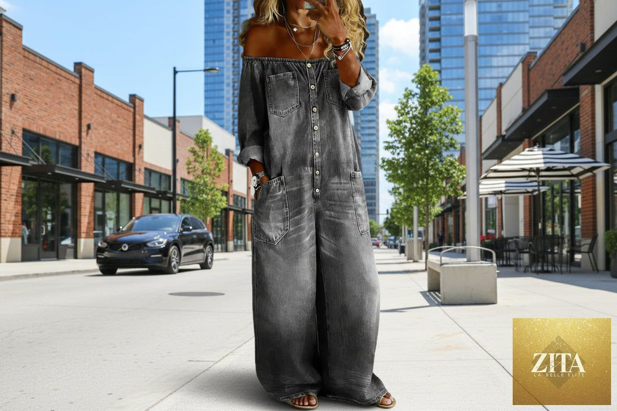 Women's off-shoulder washed faux denim strap jumpsuit from Zita La Belle Elite, casual overalls with a stylish off-shoulder design.
