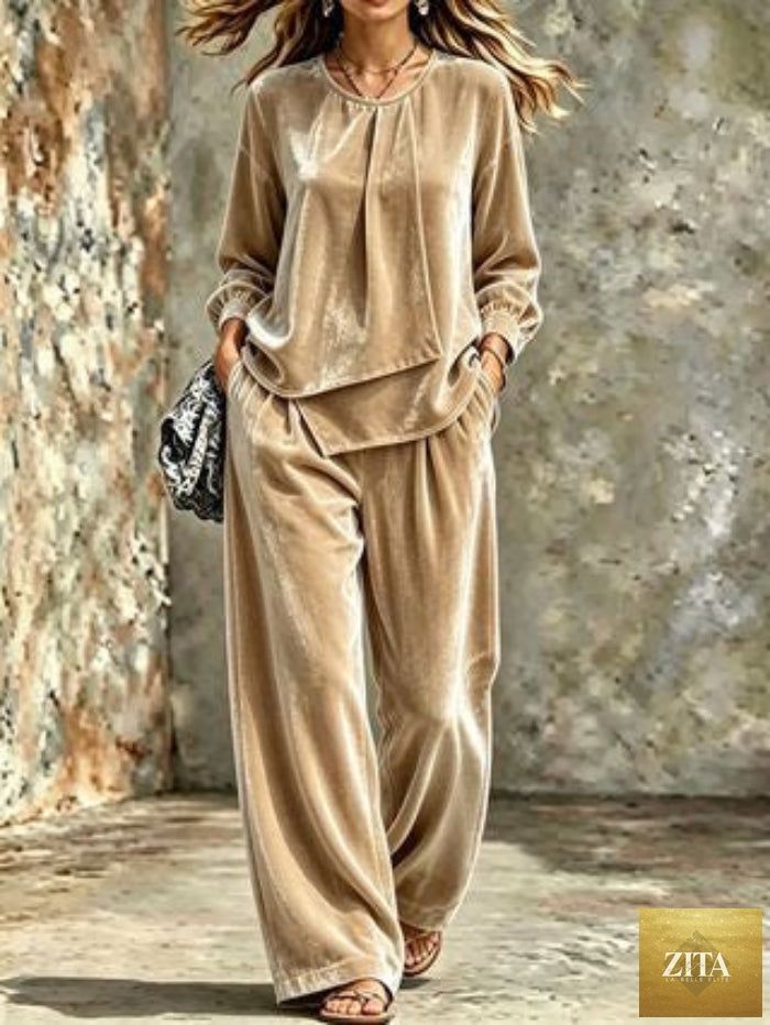 Women's Velvet Center-Pleat Relaxed Top & Wide-Leg Pants Set