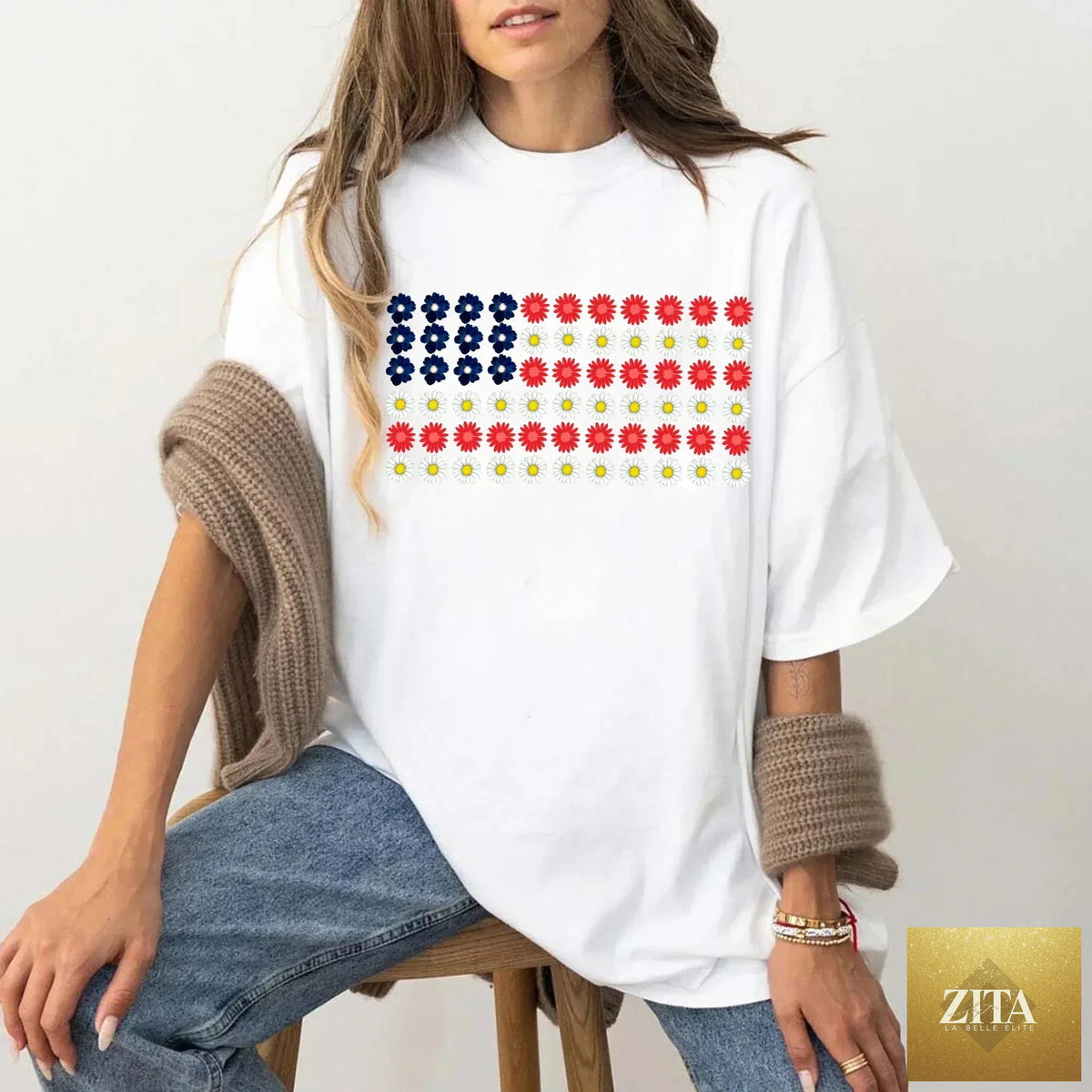 American Flag Daysies Flowers Independence Day T-shirt by Adorb Custom Tees, featuring patriotic floral design on a casual tee.