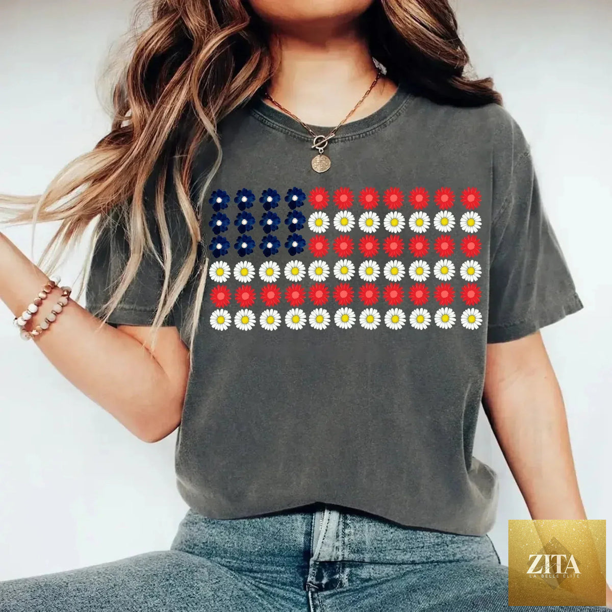American Flag Daysies Flowers Independence Day T-shirt by Adorb Custom Tees, featuring a patriotic design with flowers on a casual T-shirt.