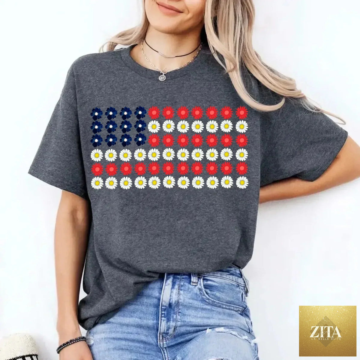 American Flag Daysies flowers Independence Day T-shirt by Adorb Custom Tees, featuring patriotic floral design on a casual T-shirt.
