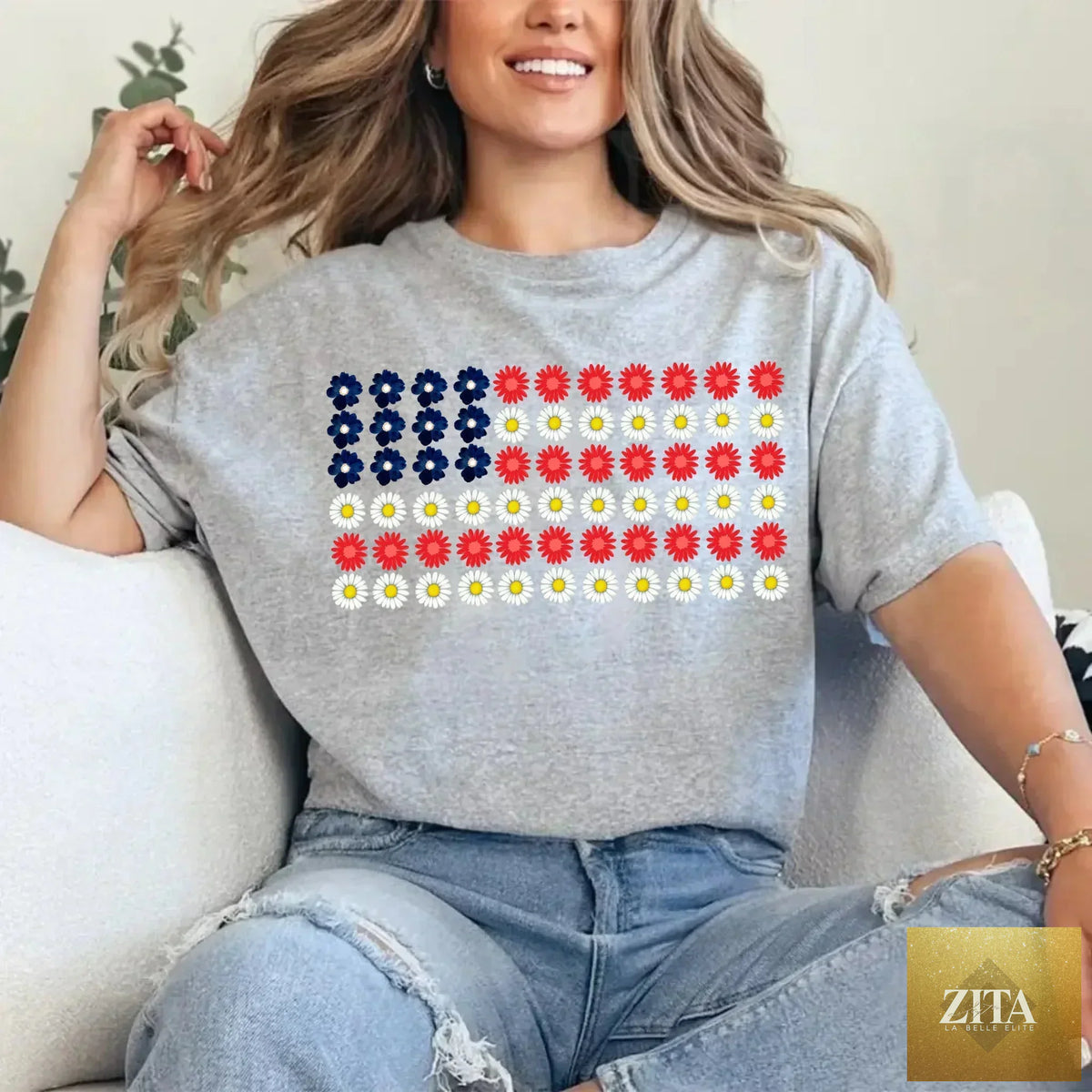 American Flag Daysies and flowers Independence Day T-shirt by Adorb Custom Tees, featuring patriotic design and vibrant colors.