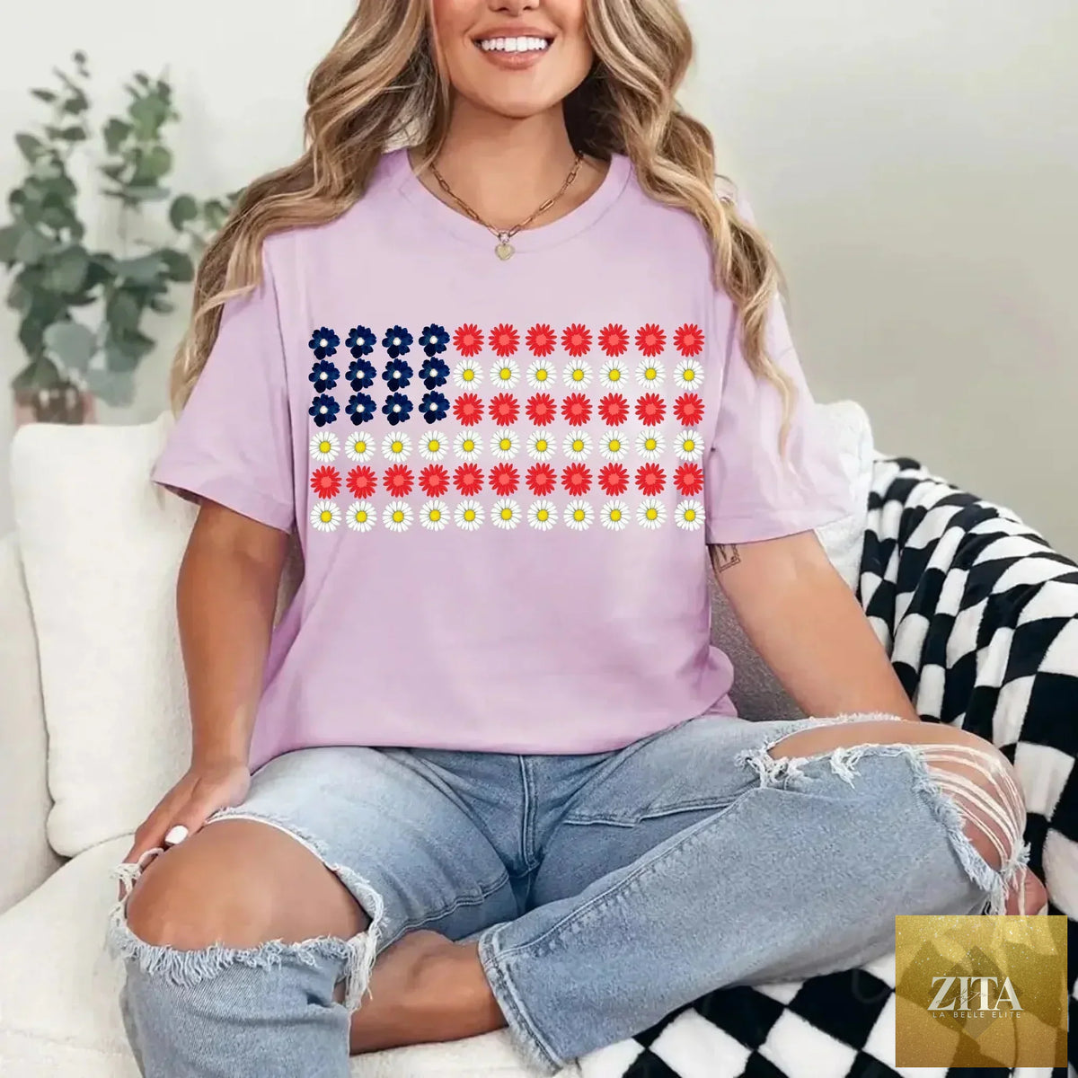 American Flag Daysies floral Independence Day T-shirt by Adorb Custom Tees featuring patriotic design and vibrant colors.