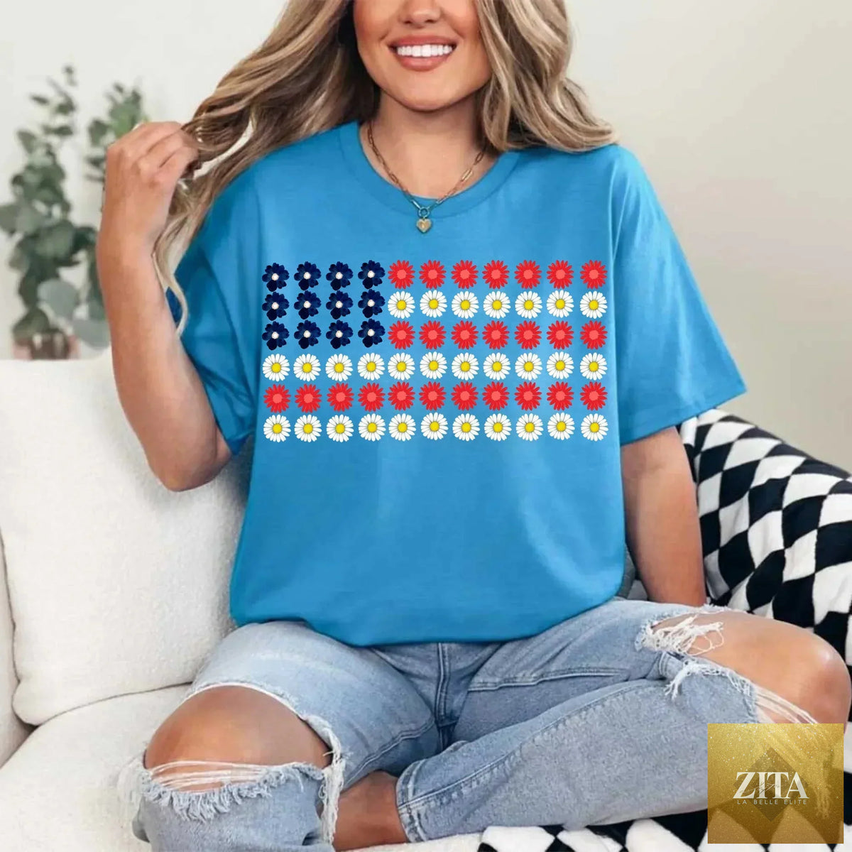 American Flag Daysies and flowers Independence Day T-shirt by Adorb Custom Tees featuring patriotic design and vibrant colors.