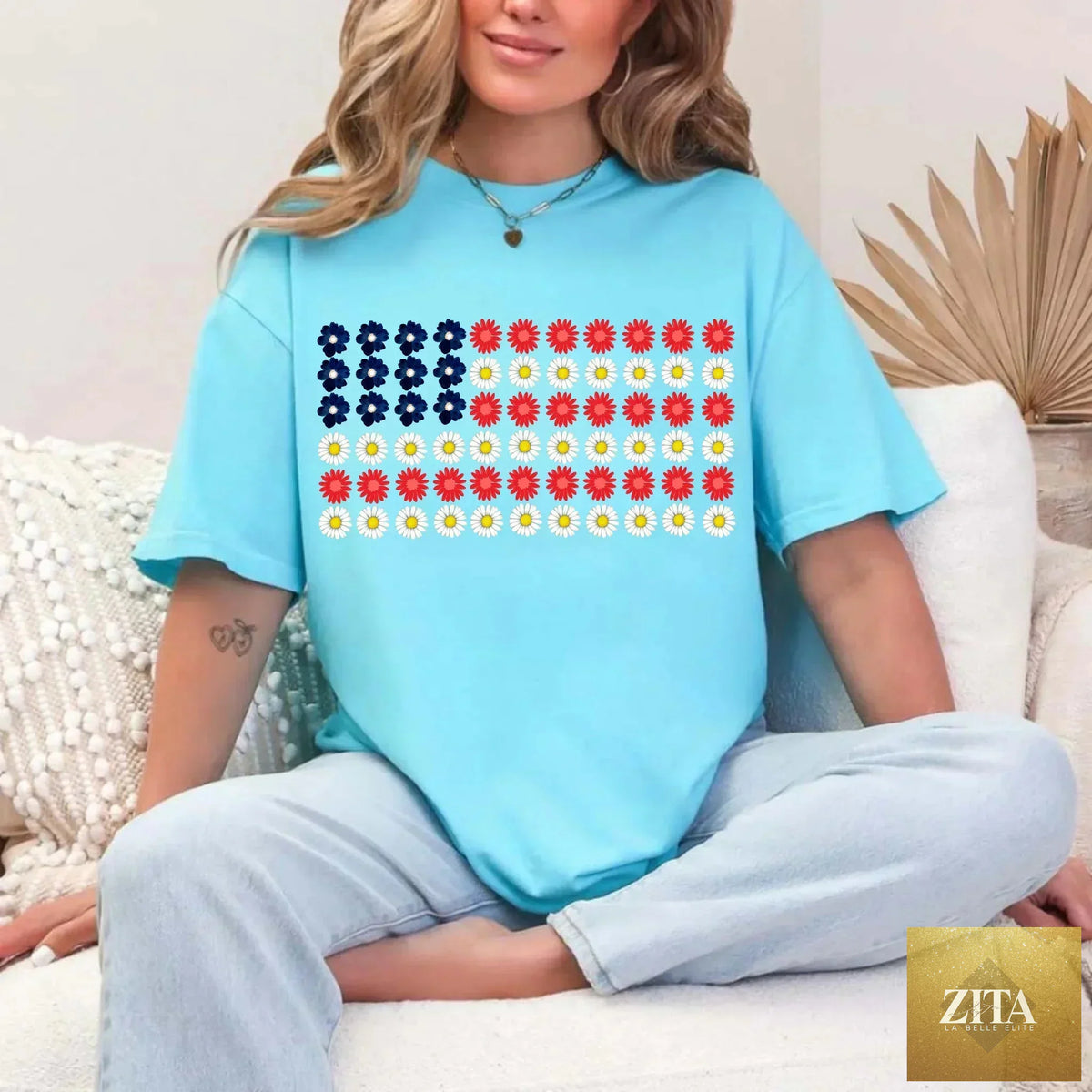 American Flag Daysies flowers Independence Day T-shirt by Adorb Custom Tees, featuring patriotic floral design on a casual tee