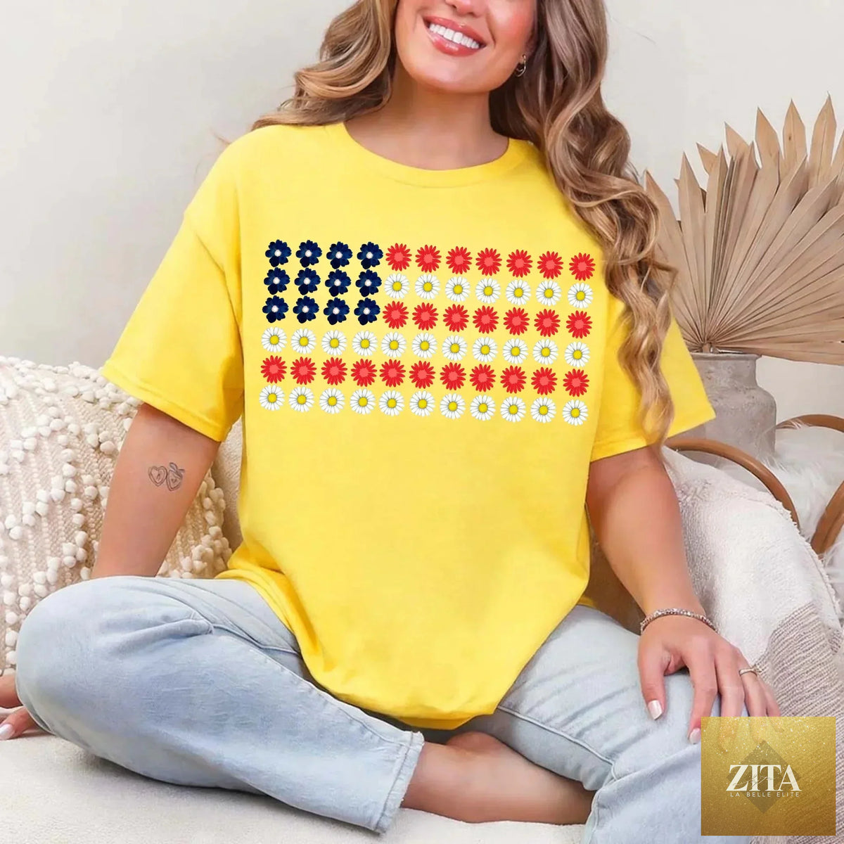 American Flag Daysies flowers Independence Day T-shirt by Adorb Custom Tees, featuring patriotic floral design on a casual T-shirt.