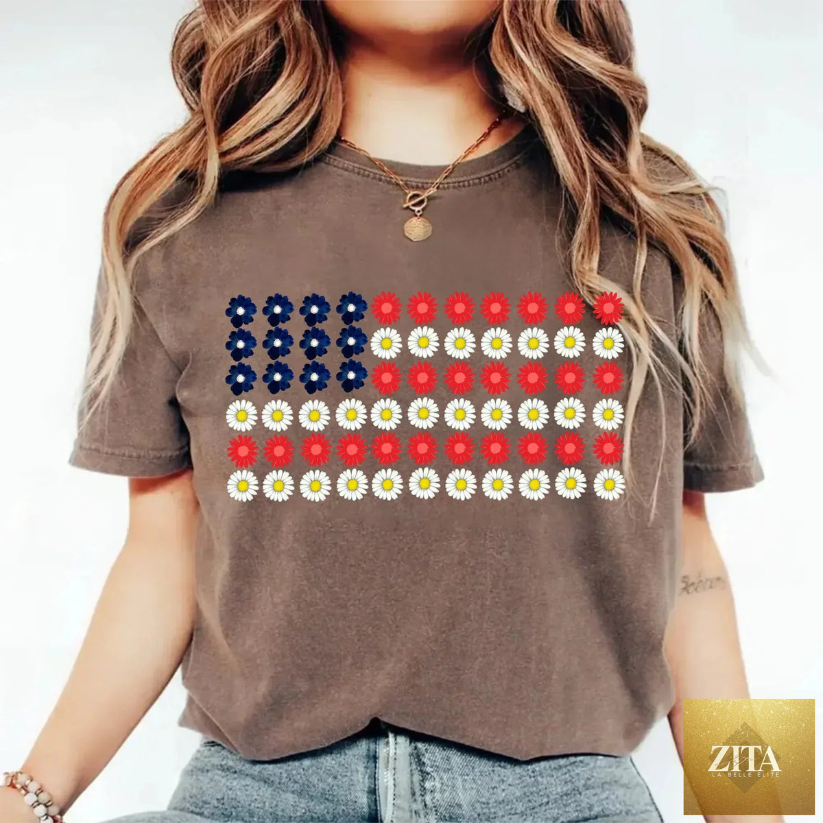 American Flag Daysies and flowers Independence Day T-shirt by Adorb Custom Tees, featuring patriotic design on a casual T-shirt.
