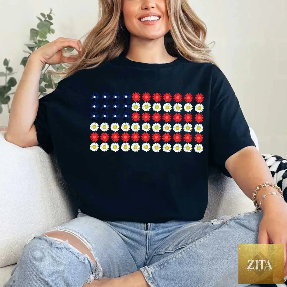 American Flag Daysies and flowers design on Adorb Custom Tees Independence Day T-shirt, featuring patriotic floral artwork.