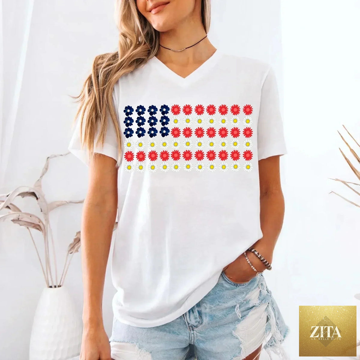 American Flag Daysies Flowers Independence Day T-shirt by Adorb Custom Tees, featuring patriotic floral design on a casual T-shirt.