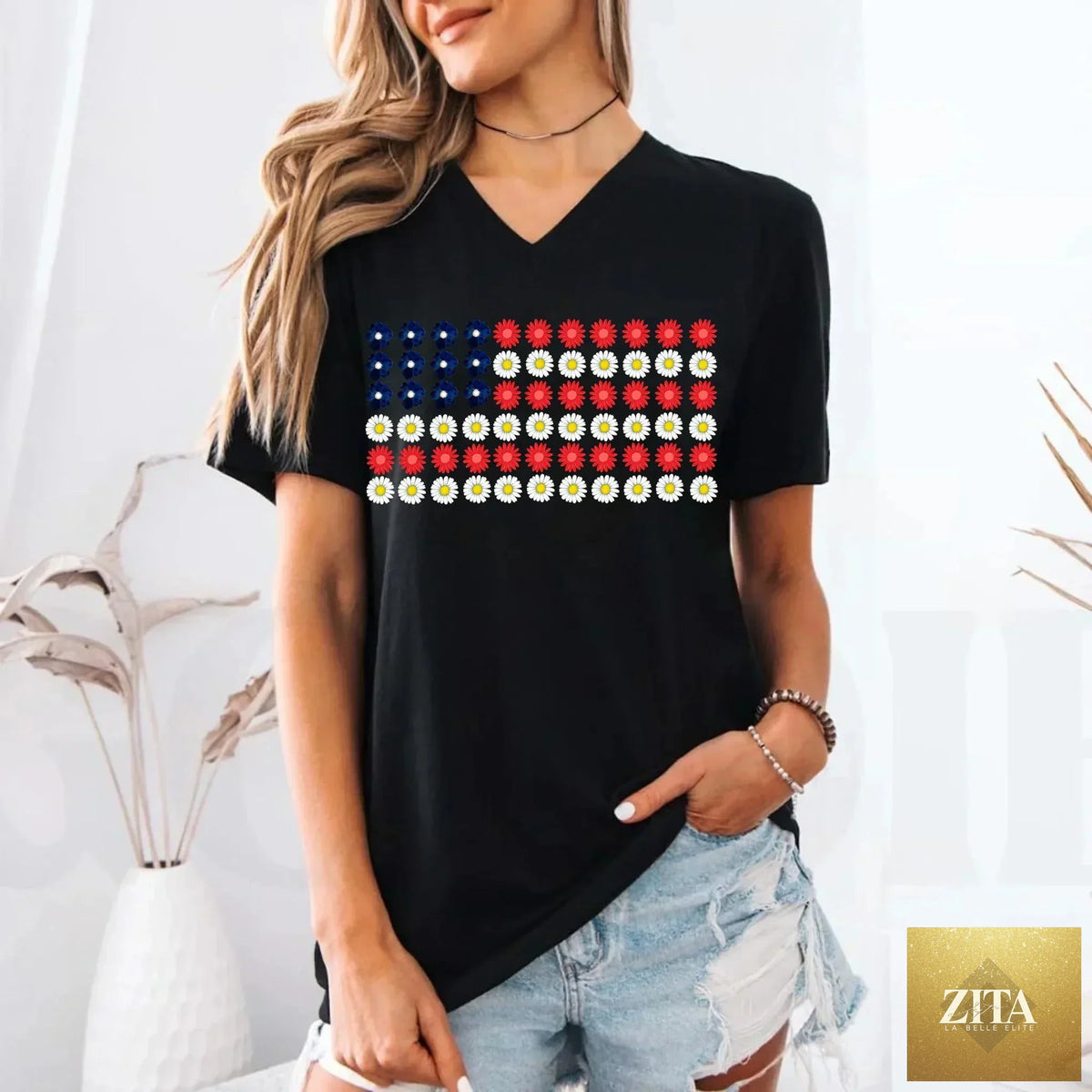American Flag Daysies flower Independence Day T-shirt by Adorb Custom Tees, featuring patriotic floral design on a casual T-shirt.