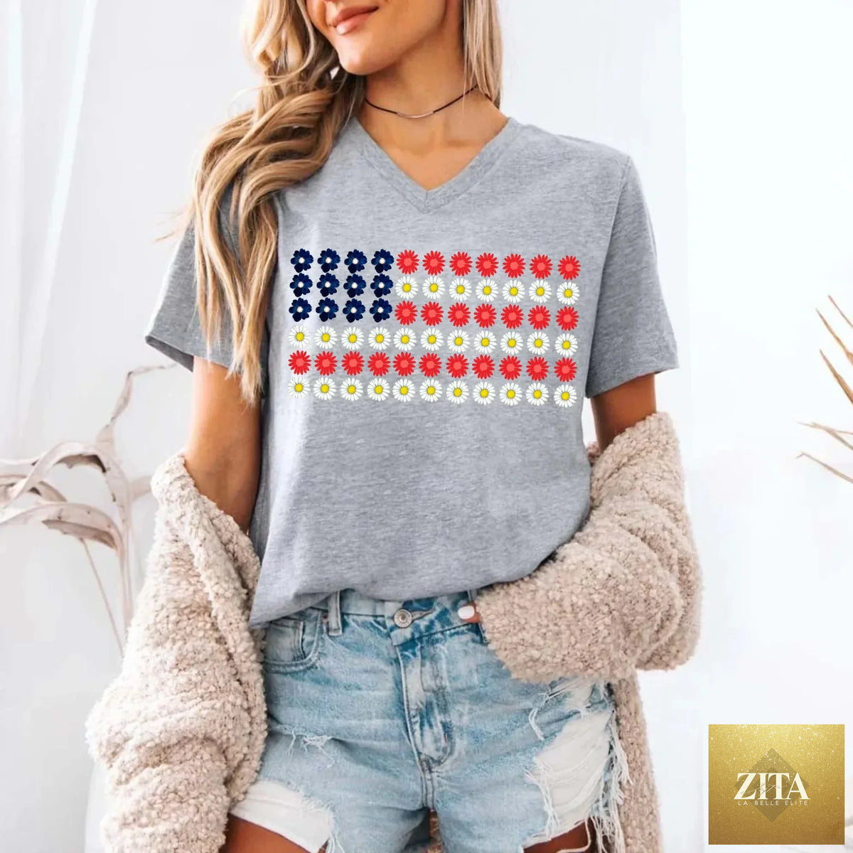 American Flag Daysies floral Independence Day T-shirt by Adorb Custom Tees, featuring patriotic design with flowers on a casual T-shirt.