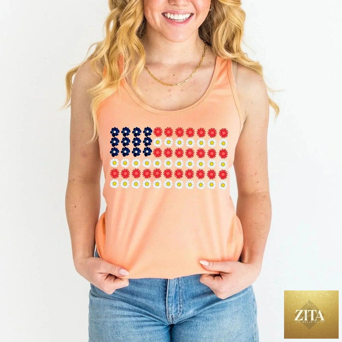 American flag and flower Independence Day T-shirt by Adorb Custom Tees, featuring patriotic design on a casual shirt.