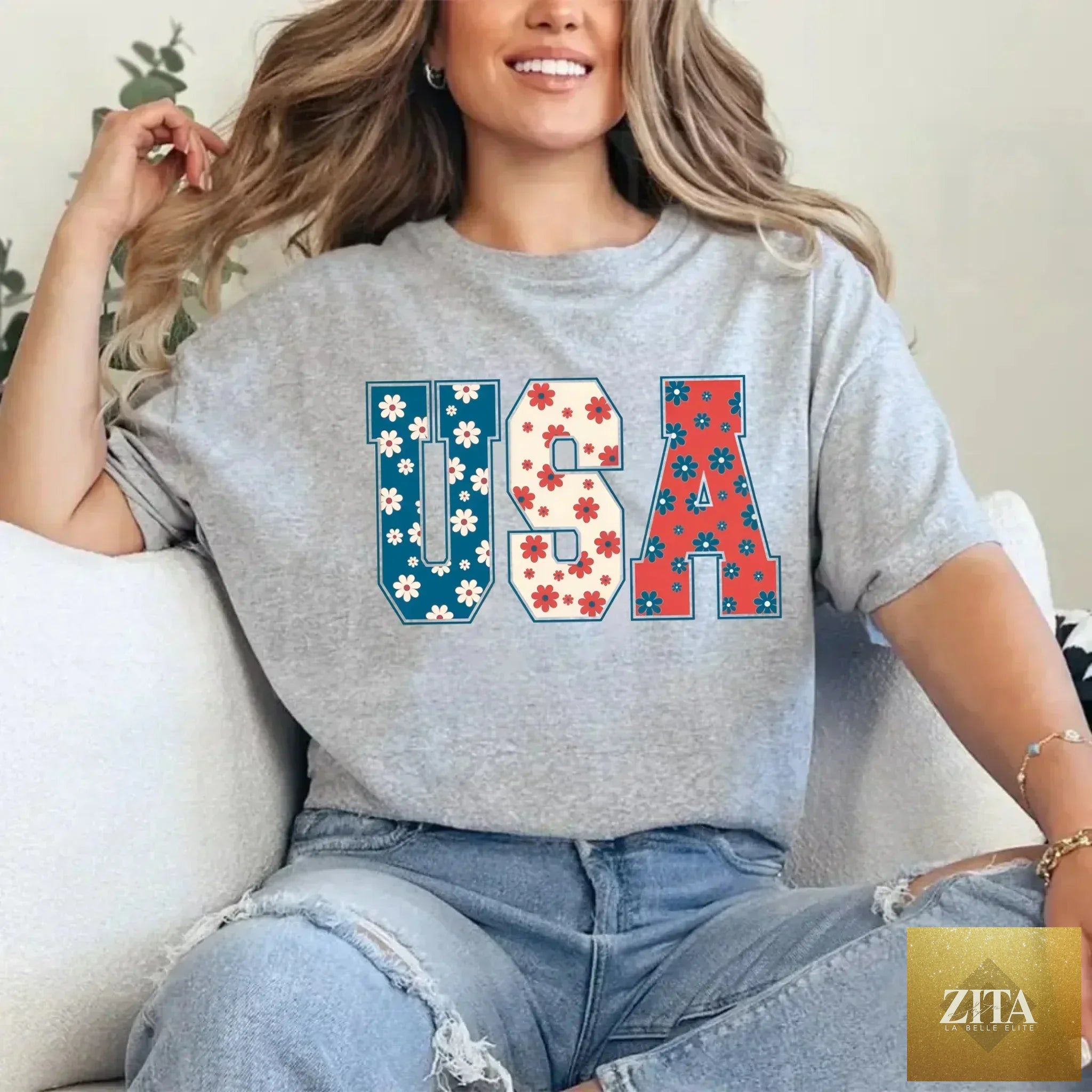 USA Floral T-Shirt by Adorb Custom Tees featuring Independence Day-themed flowers and patriotic design on a casual T-shirt.