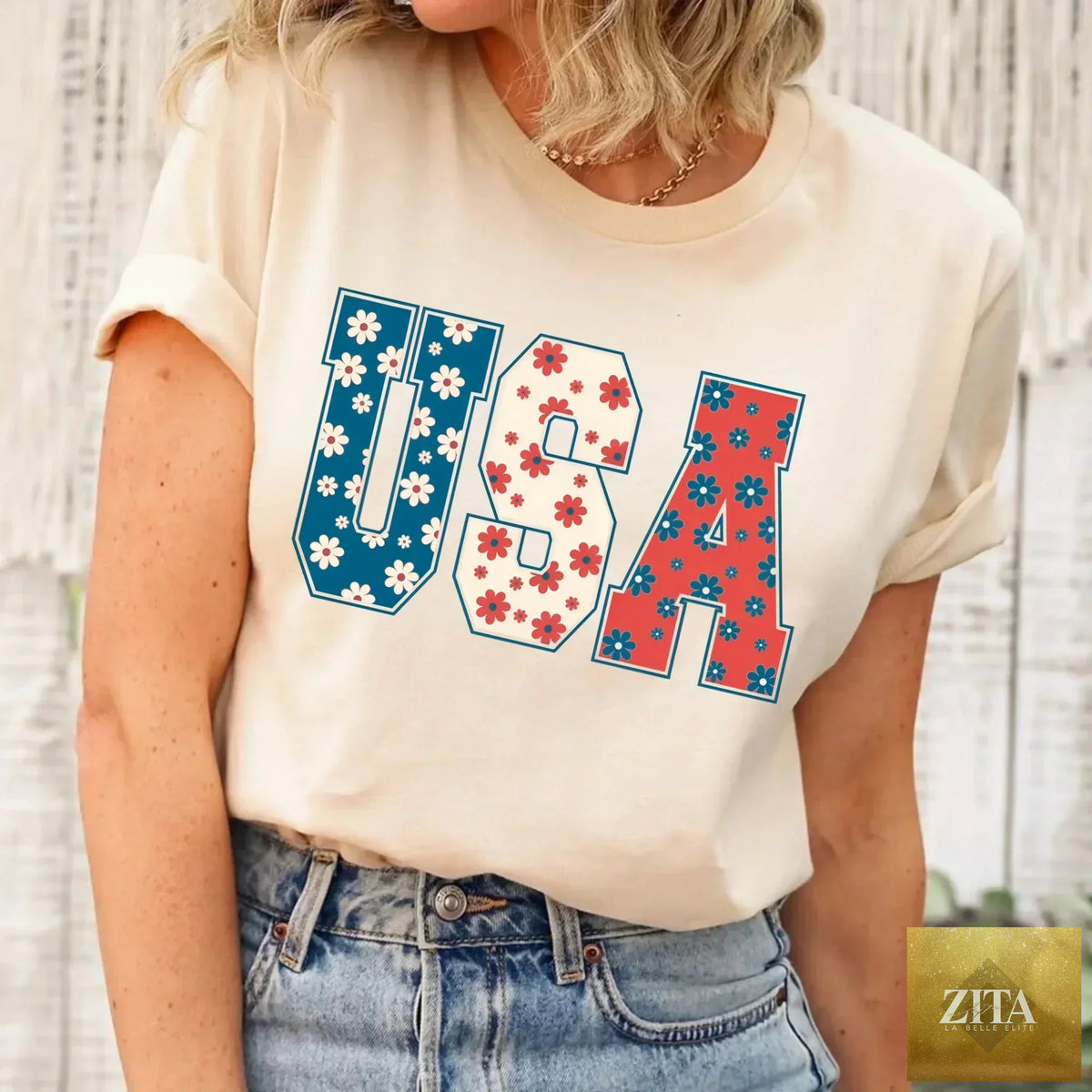 USA Floral T-Shirt by Adorb Custom Tees featuring a patriotic design with colorful independence day flowers on a casual T-shirt