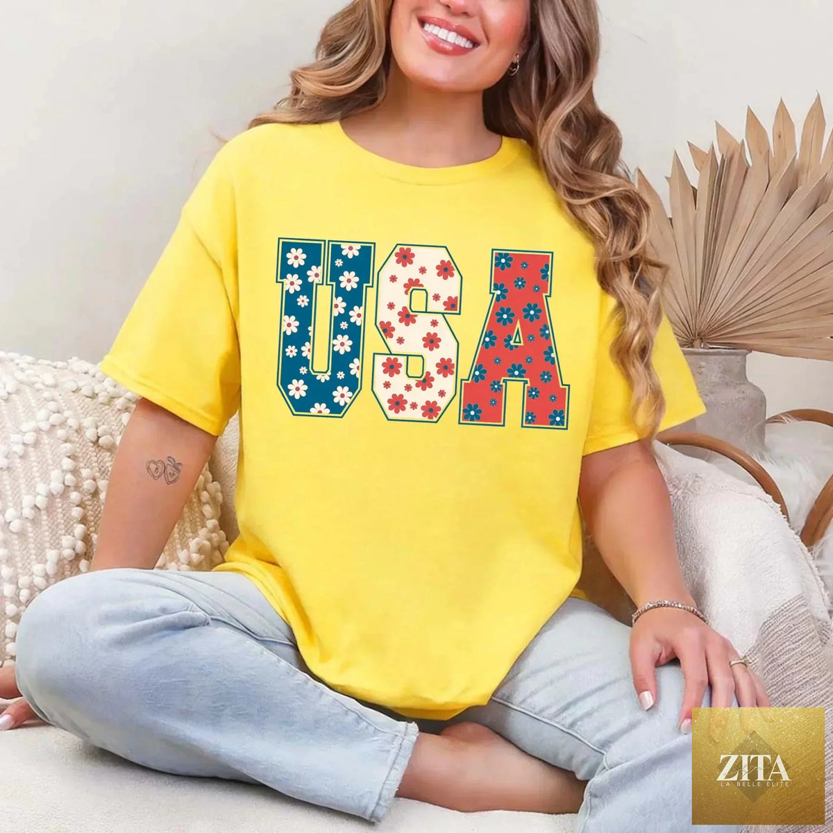 USA Floral T-Shirt by Adorb Custom Tees featuring patriotic flowers design on a casual cotton T-shirt.
