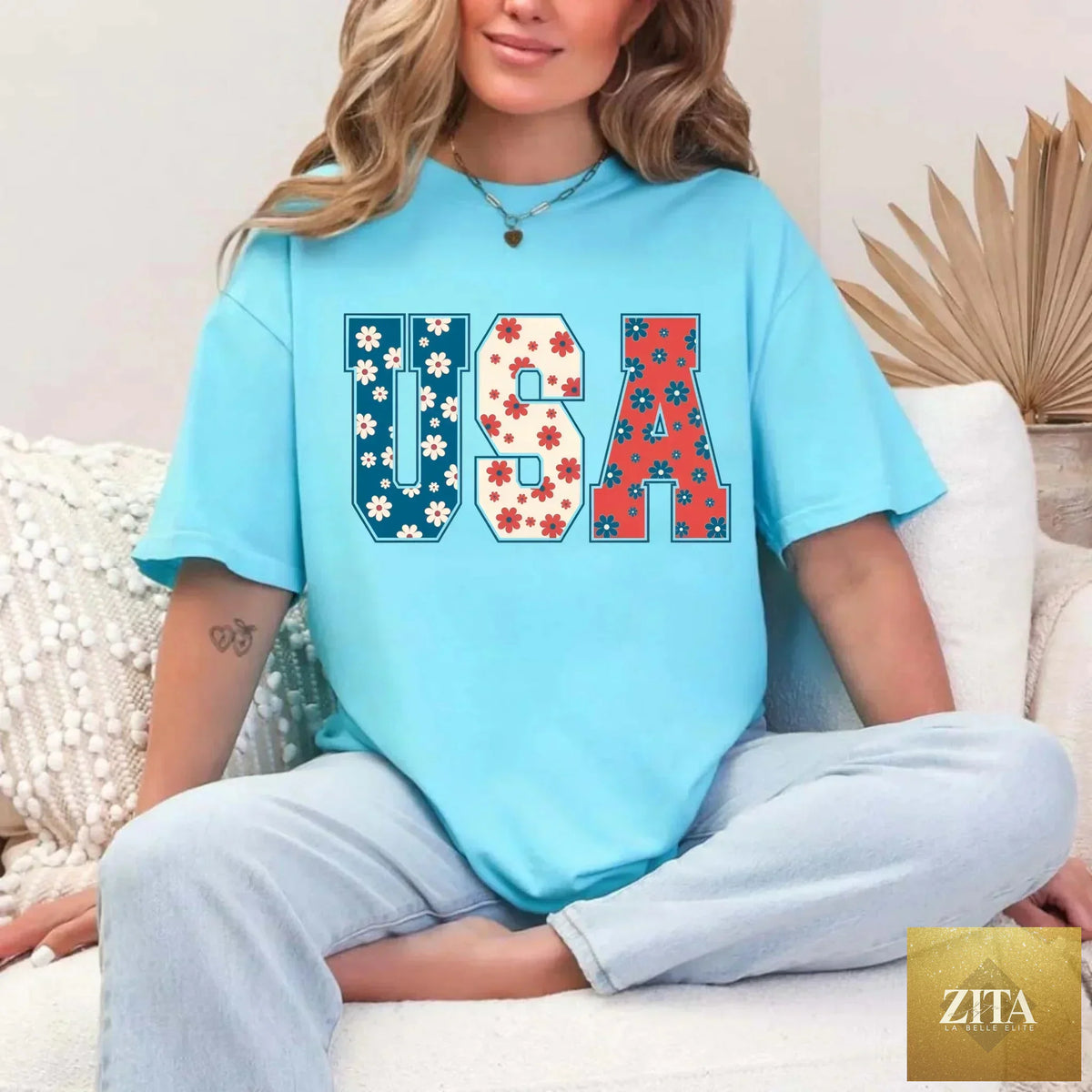 USA Floral T-Shirt by Adorb Custom Tees featuring Independence Day flowers print on a casual cotton tee.