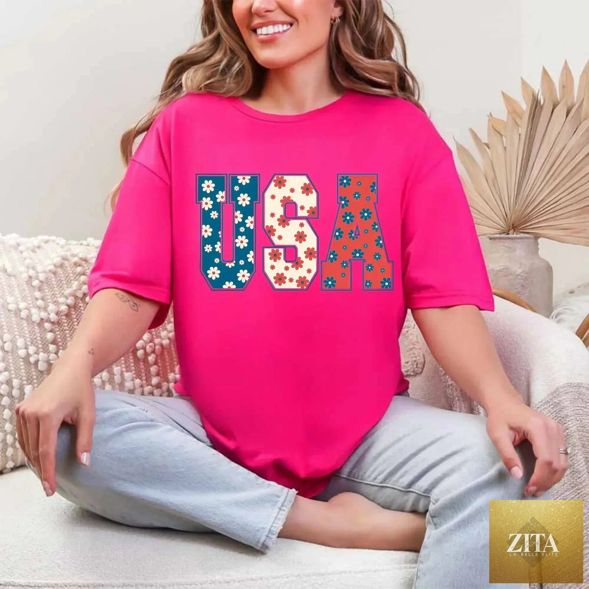 USA Floral T-Shirt by Adorb Custom Tees featuring patriotic flower design on a casual cotton T-shirt.