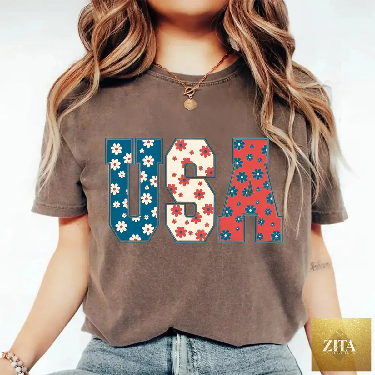 USA Floral T-Shirt by Adorb Custom Tees featuring vibrant Independence Day flowers on a casual T-shirt.