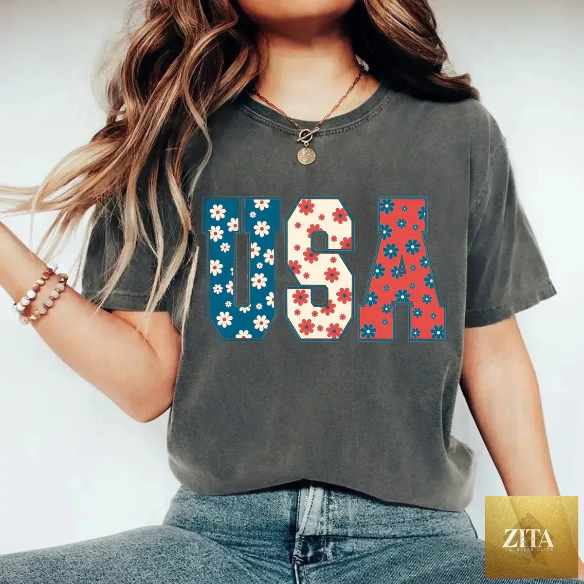 USA Floral T-Shirt by Adorb Custom Tees featuring Independence Day flowers design on a casual T-shirt.