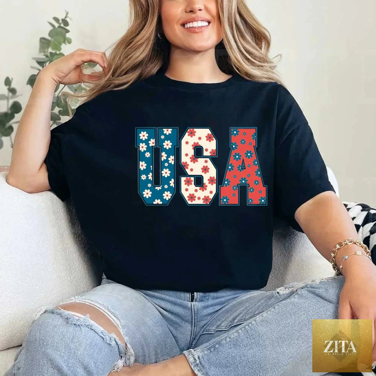 USA Floral T-Shirt by Adorb Custom Tees featuring a patriotic design with colorful Independence Day flowers on a casual T-shirt.