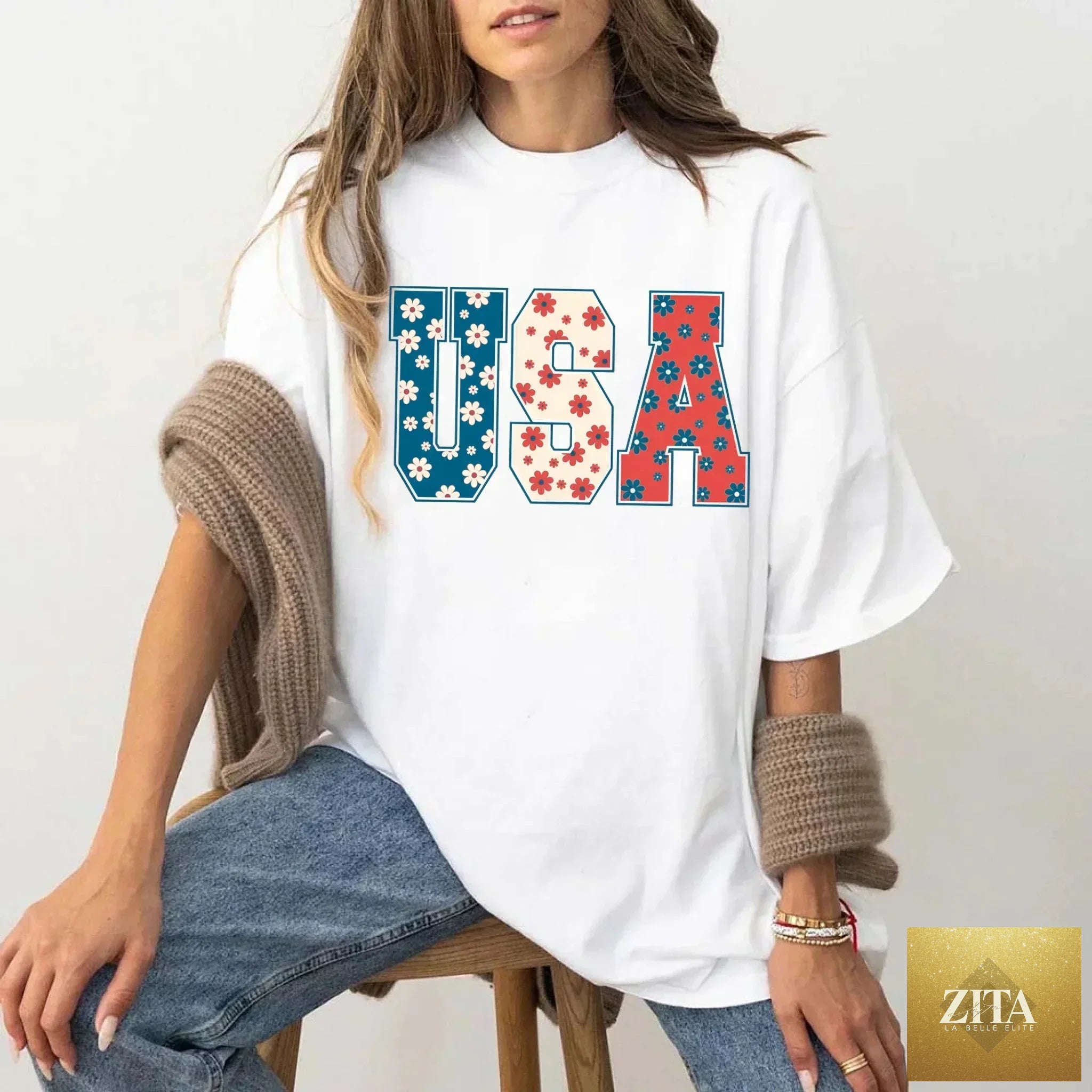 USA Floral T-Shirt by Adorb Custom Tees featuring a patriotic design with Independence Day flowers on a casual T-shirt.