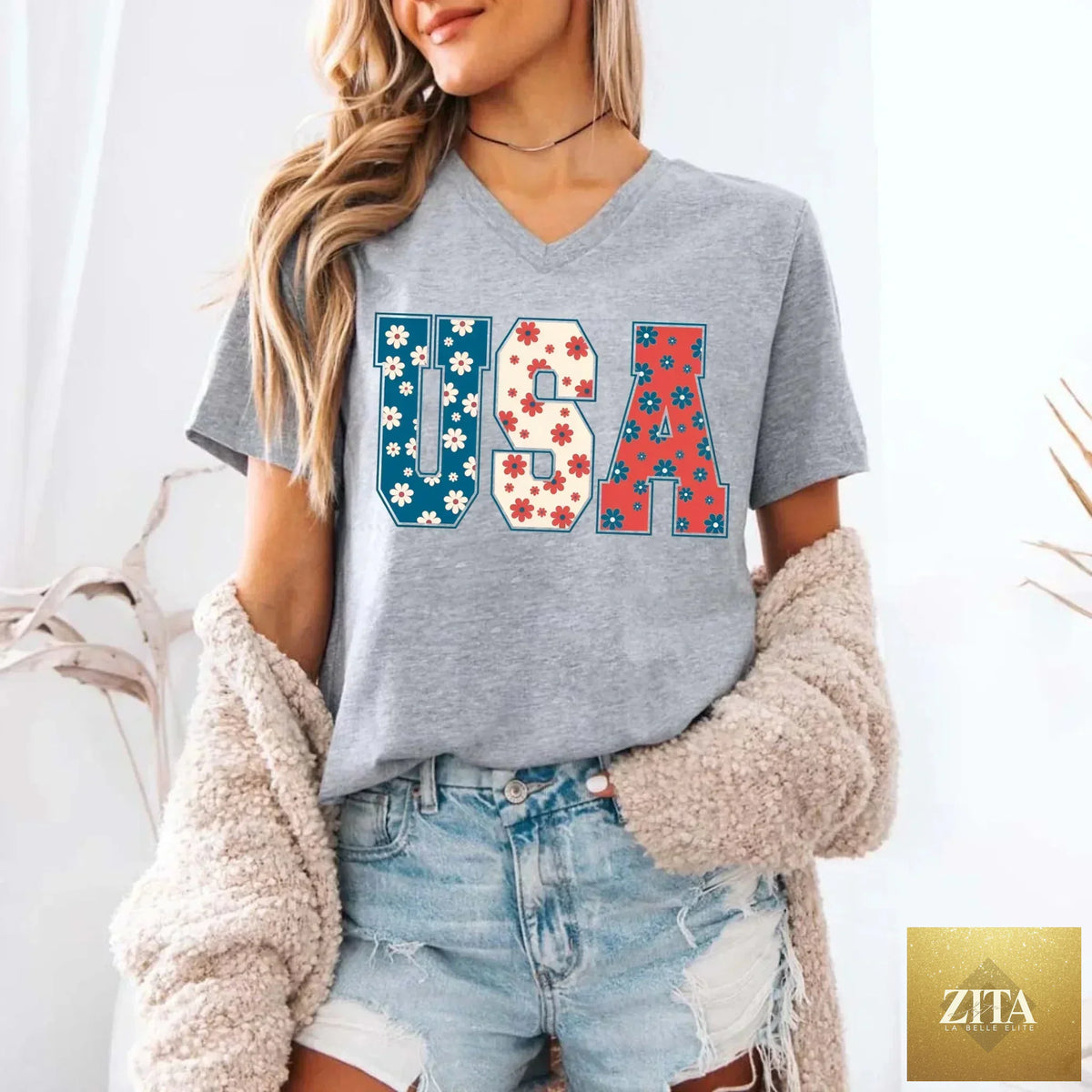 USA Floral T-Shirt by Adorb Custom Tees featuring Independence Day flowers and patriotic design on a casual T-shirt.