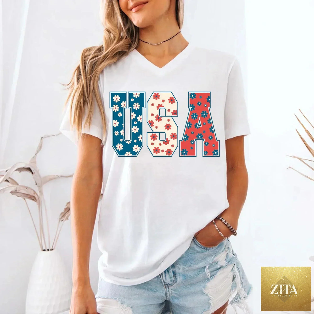 USA Floral T-Shirt by Adorb Custom Tees featuring patriotic Independence Day flowers and colorful floral design on a casual tee