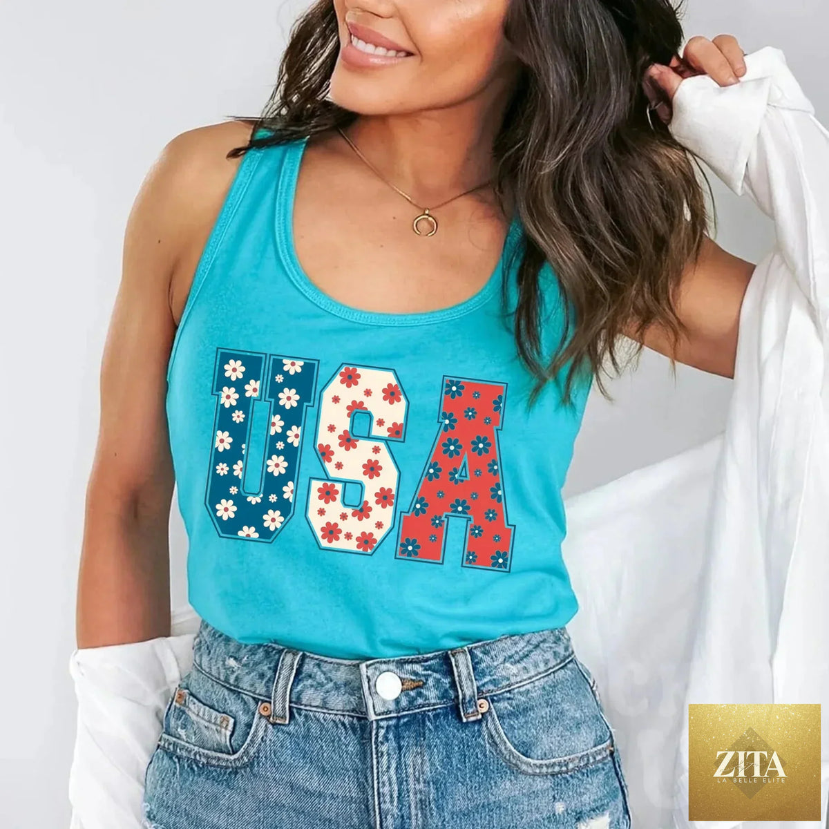 USA Floral T-Shirt by Adorb Custom Tees featuring patriotic flower print on a comfortable T-shirt for Independence Day celebrations.
