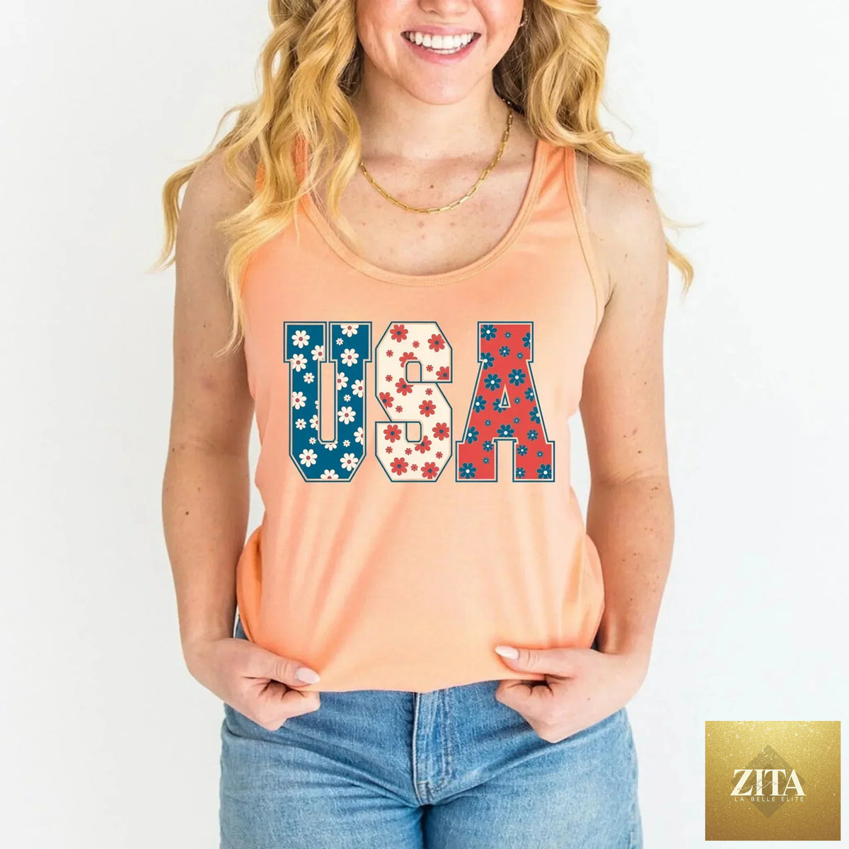 USA Floral T-Shirt by Adorb Custom Tees featuring colorful Independence Day flowers and patriotic design on a casual T-shirt