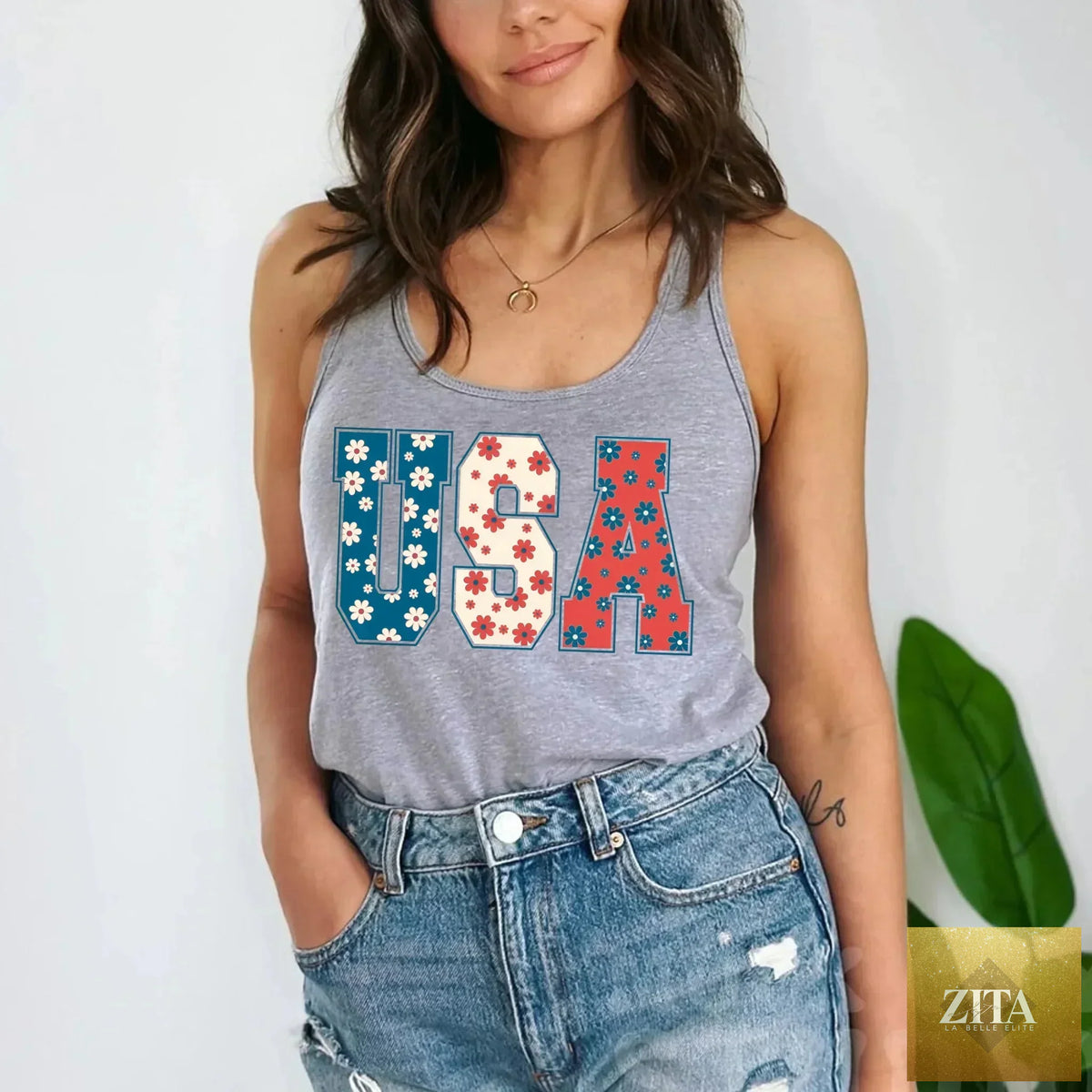 USA Floral T-Shirt by Adorb Custom Tees featuring vibrant Independence Day flower design on a casual T-shirt.