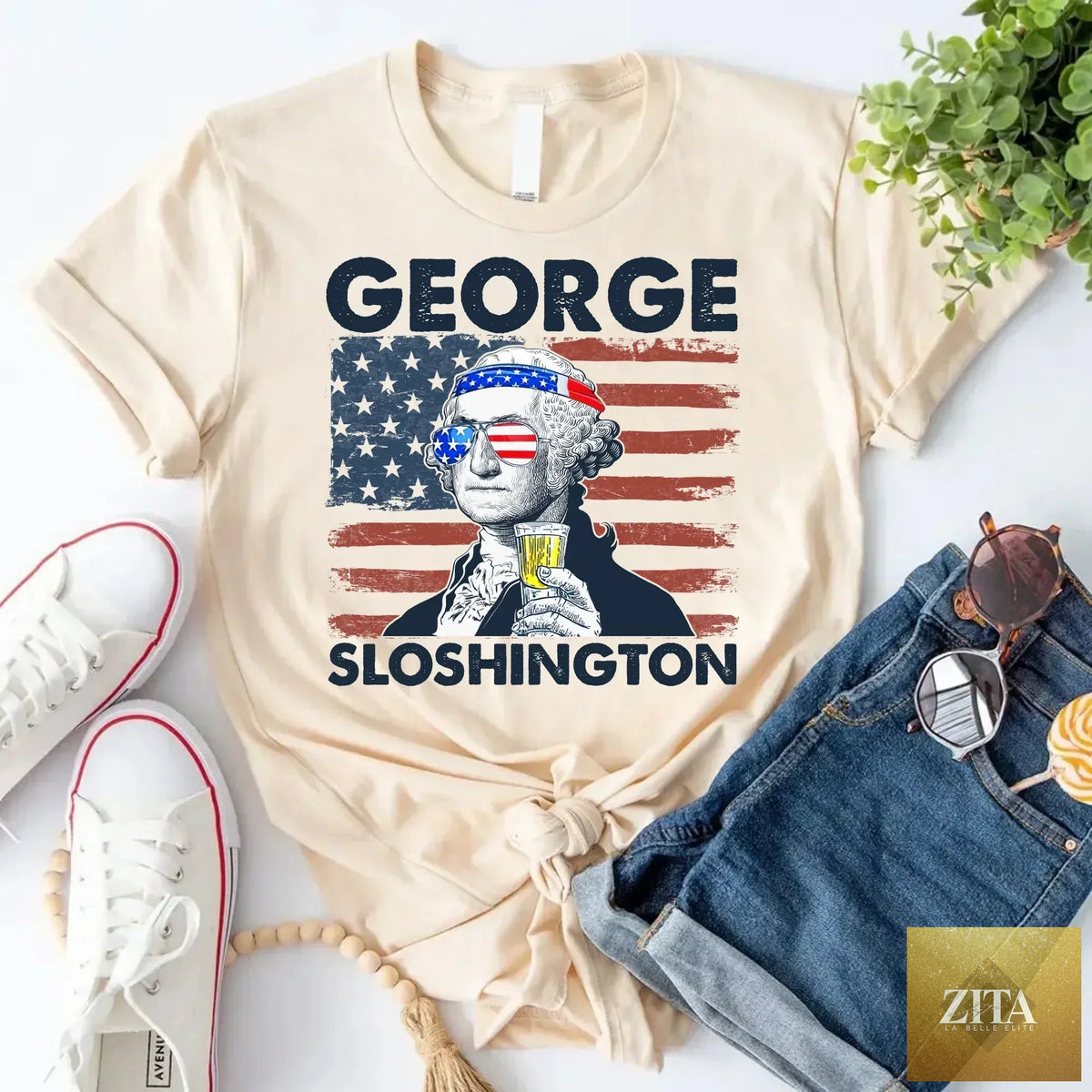 George Sloshington 4th of July T-shirt from Adorb Custom Tees featuring a patriotic design with Washington drinking theme.