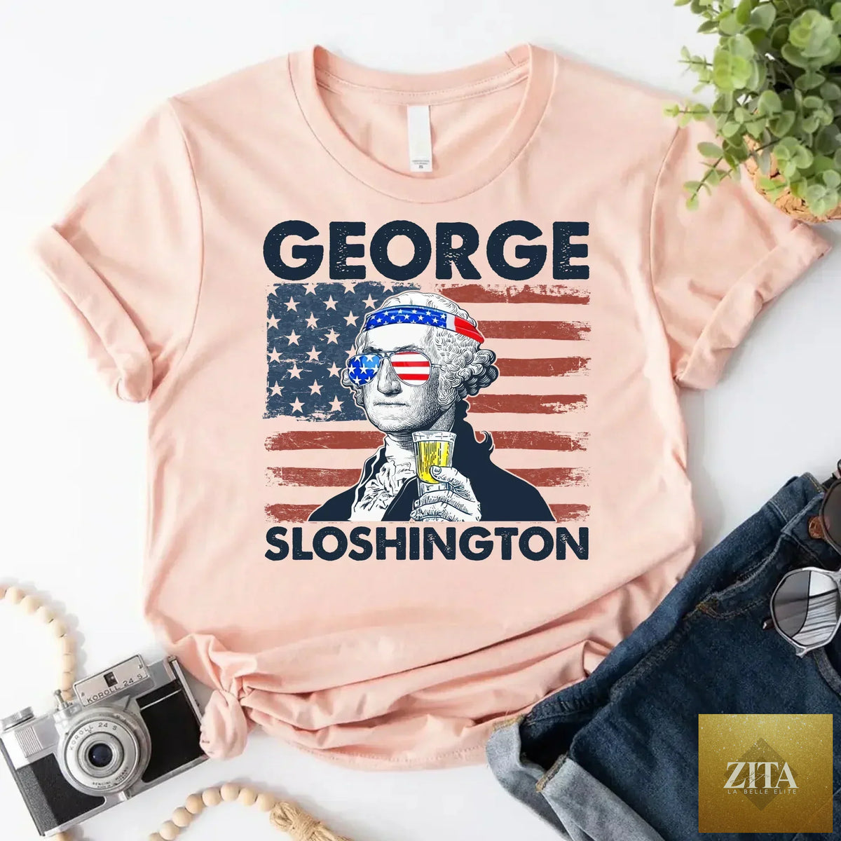 George Sloshington 4th of July T-shirt by Adorb Custom Tees featuring a patriotic design with Washington drinking at a party.