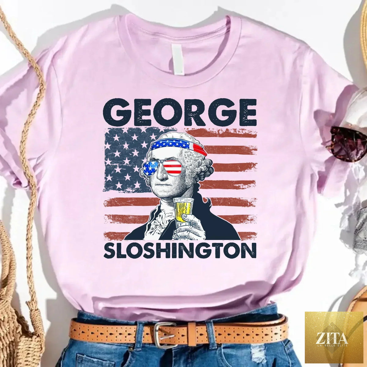 George Sloshington 4th of July T-shirt from Adorb Custom Tees featuring a patriotic Washington drinking party graphic.