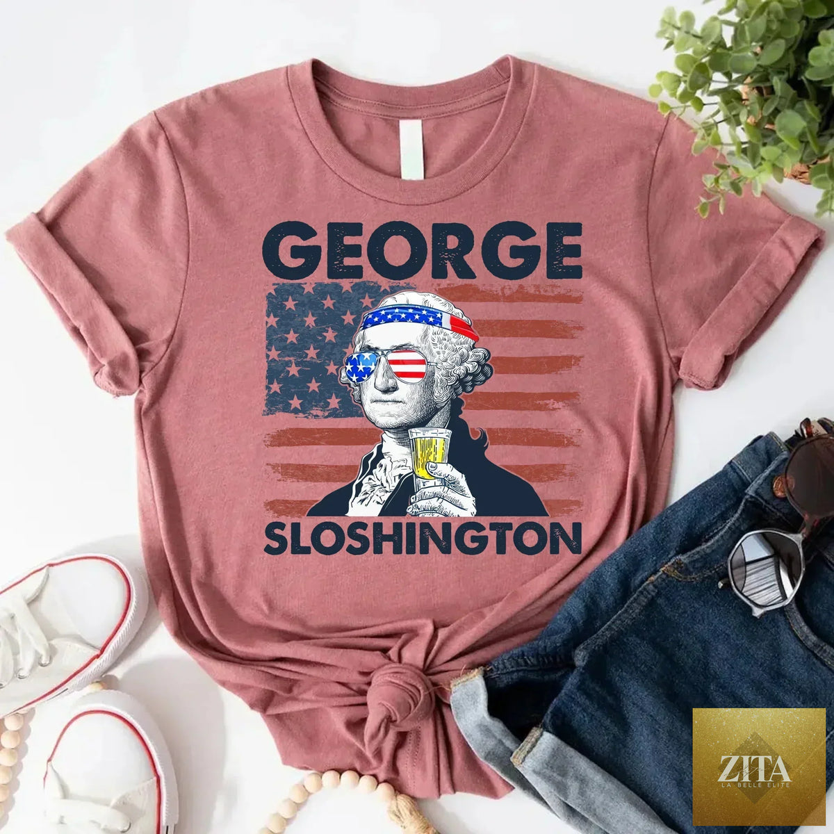 George Sloshington 4th of July T-shirt by Adorb Custom Tees featuring a patriotic design with Washington drinking imagery.
