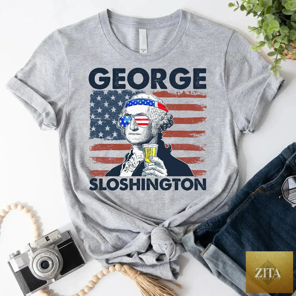George Sloshington 4th of July T-shirt by Adorb Custom Tees featuring a Washington-themed drinking party design.
