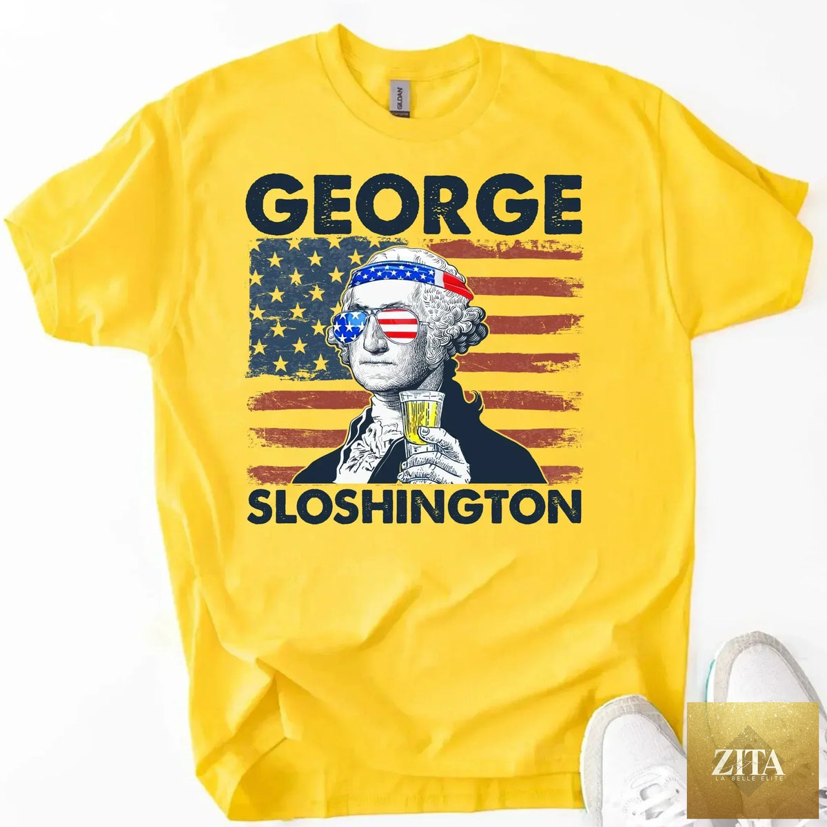 George Sloshington 4th of July T-shirt by Adorb Custom Tees featuring a patriotic design with Washington drinking during a celebration.