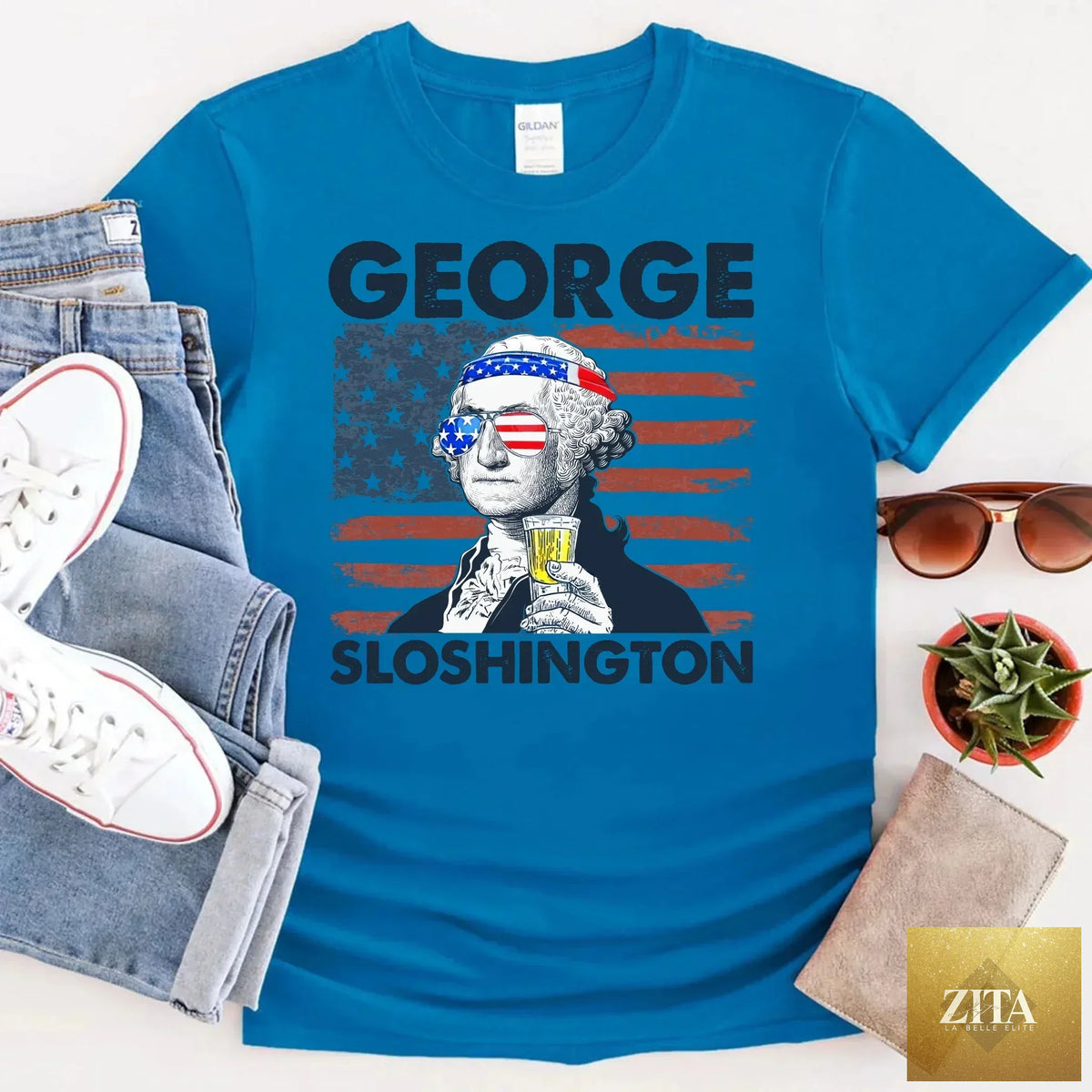George Sloshington 4th of July T-Shirt by Adorb Custom Tees featuring a patriotic Washington drinking party design.