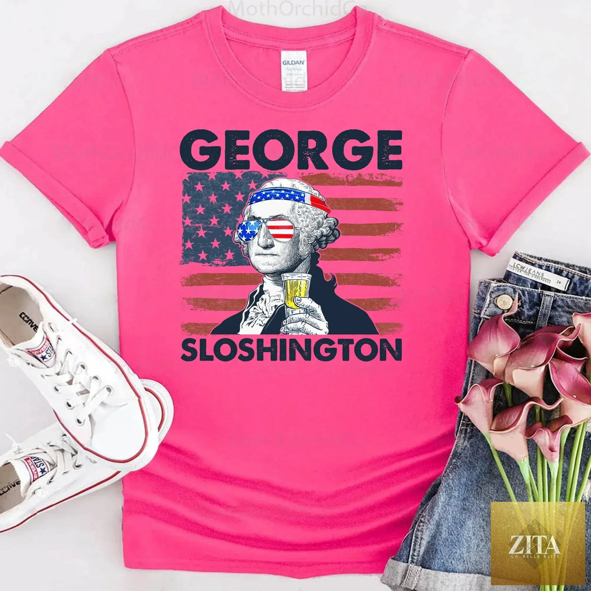 George Sloshington 4th of July T-shirt by Adorb Custom Tees featuring patriotic design with Washington drinking theme.